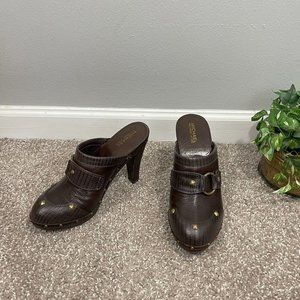 Michael Kors Platform Clogs Size 9 M Brown Leather Mule Wooden Studs